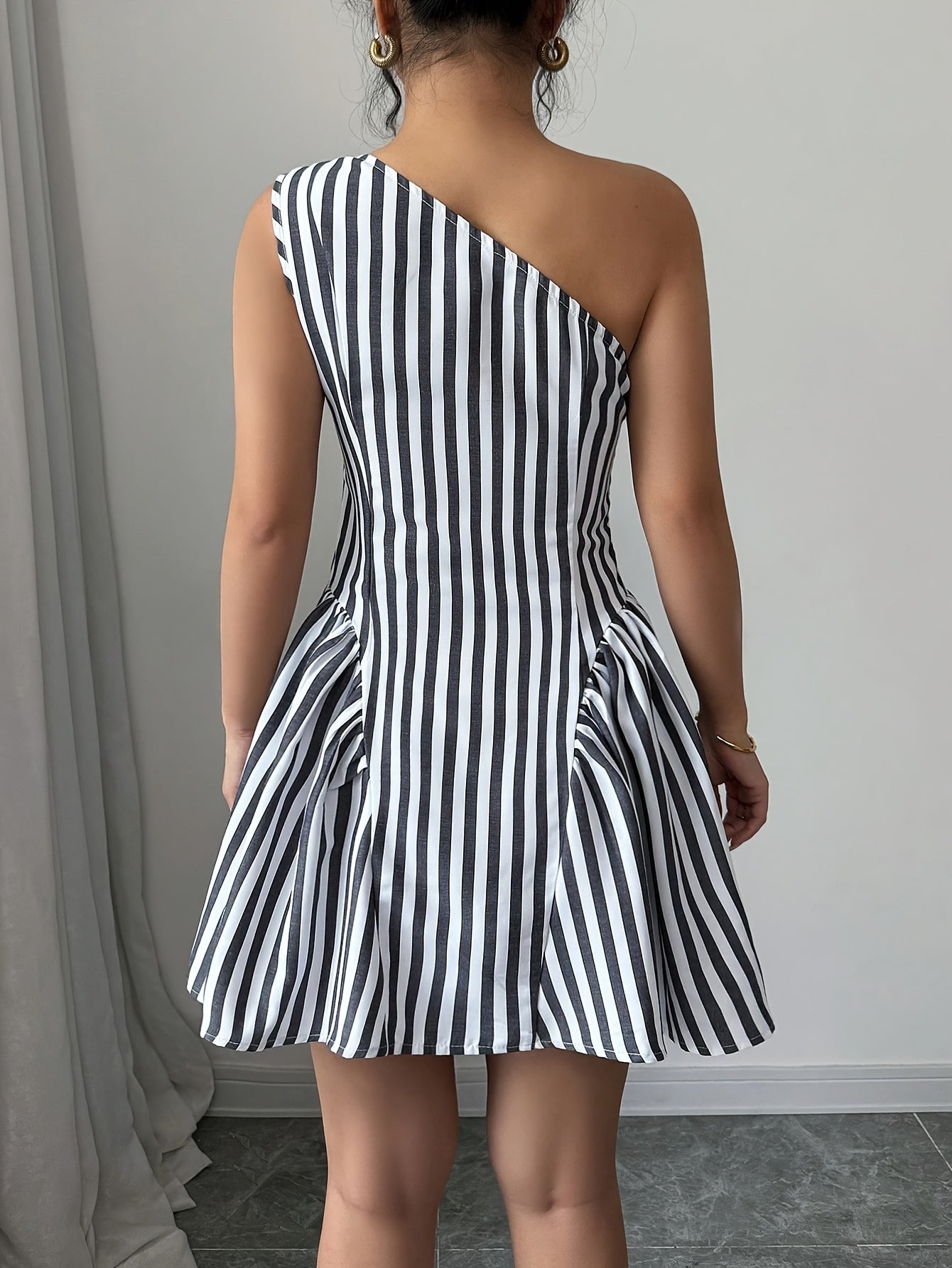 Women's Elegant Striped Asymmetrical Shoulder Sleeveless Mini Dress - A-Line Machine-Washable Spring Summer Fall Casual Chic Dress for Women, Seasonal Fashion | Nontransparent Fabric, Cute Dress